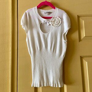 Nanette Lepore White Rosette Keyhole Short Sleeve Sweater Size S